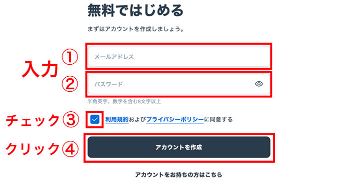 会員登録の情報を入力する：ステップ②