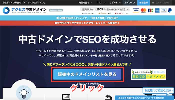 手順1：アクセス中古ドメインの販売ページを表示する