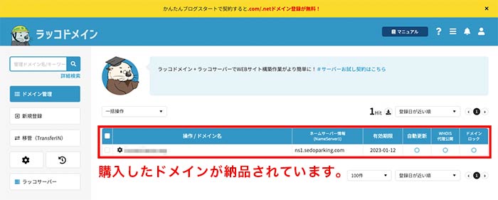 購入した中古ドメインが納品されています